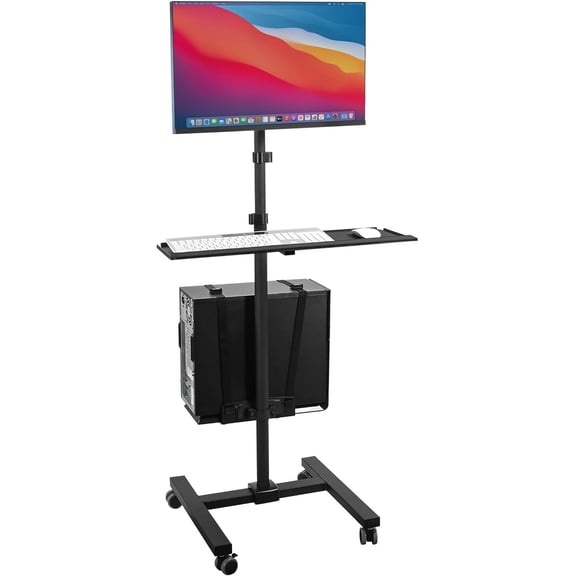 Black Rolling Computer Cart On Wheels With Monitor Mount For Up To 32 Inch Screen, Portable Mobile Desk Workstation, Full Keyboard Tray, Adjustable CPU Holder Stand