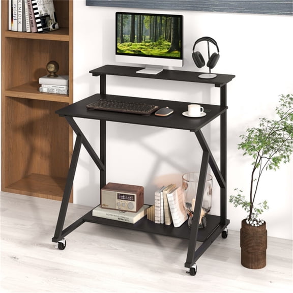 Black Rolling Computer Desk with Power Strip 32" Mobile Office Desk with Monitor Stand
