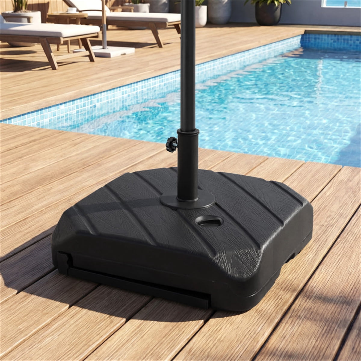Black Rolling Fillable Patio Umbrella Base with Foldable Pull Rod & Hidden Wheels Heavy‑Duty Water Sand Weighted Umbrella Stand with 2 Adapters for 7.5‑11ft Umbrellas