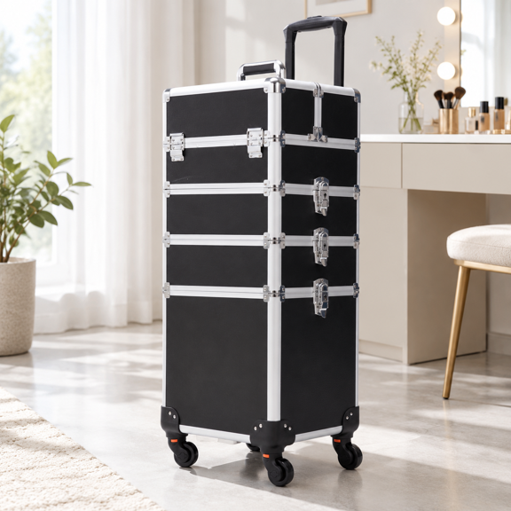 Black Rolling Makeup Case, Large 360° Wheel Professional Cosmetics Organizer