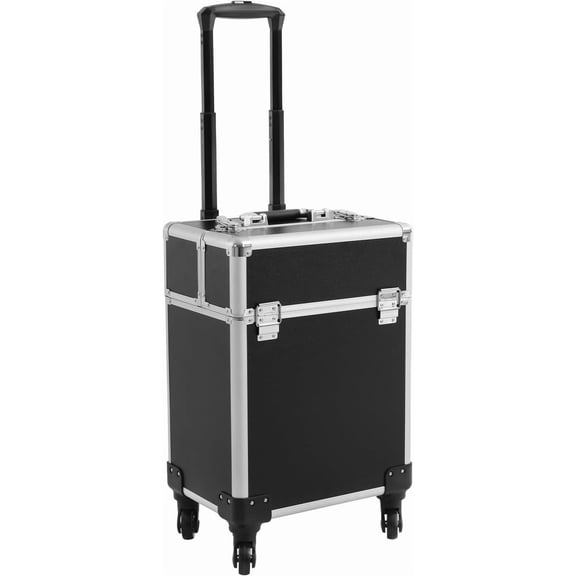 Black Rolling Makeup Case, Professional Alloy Trolley with Wheels and Retractable Handle, Lockable Storage with Organizer Trays for Makeup Artists, Hair Styling, Travel