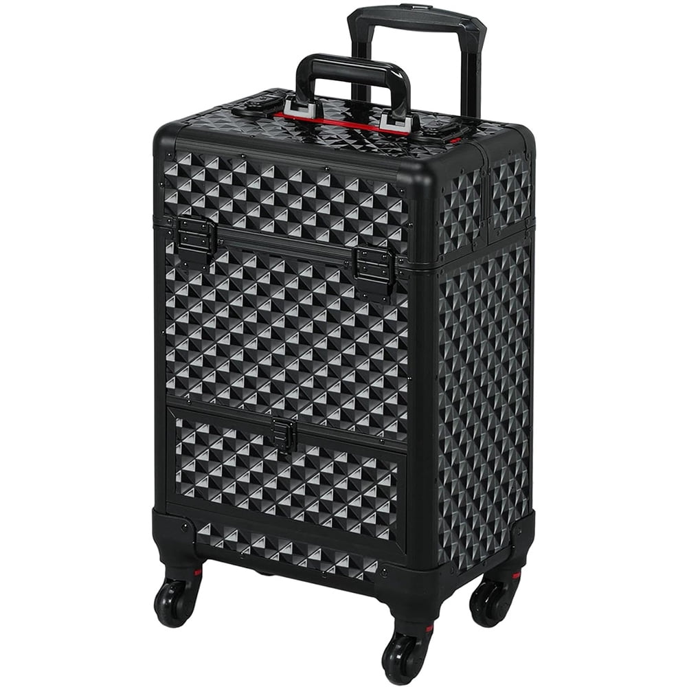 Mecucasi Make-up Trolley Mit Rollen – Aluminium-Kosmetikkoffer, 4 Schubladen, Groß, Schwarz, Für Salon & Reisen