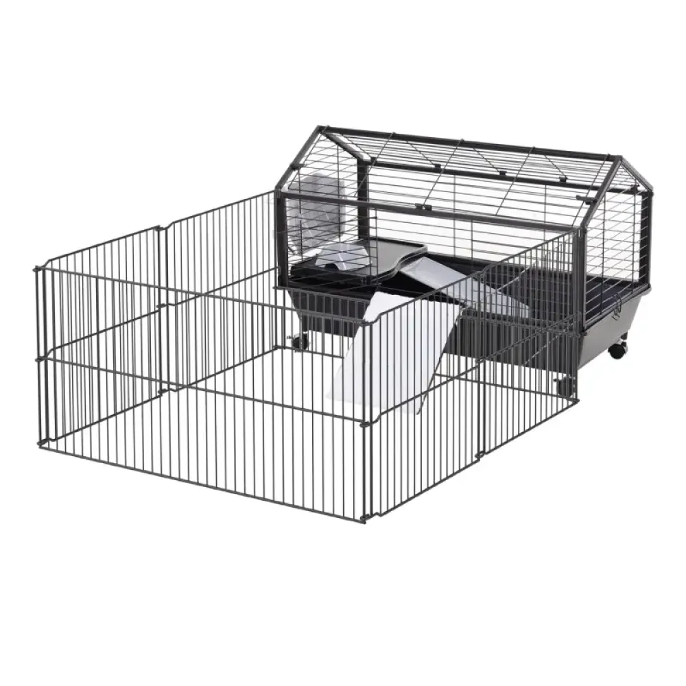 Black Rolling Metal Small Animal Hutch Cage with Open-Top Exercise Pen ...