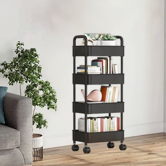 Black Rolling Storage Cart with Handles - Multi-Purpose Kitchen Bathroom Mobile Storage Trolley On Wheels, Space-Saving Plastic Organizer Shelf for Laundry Room Office Dorm