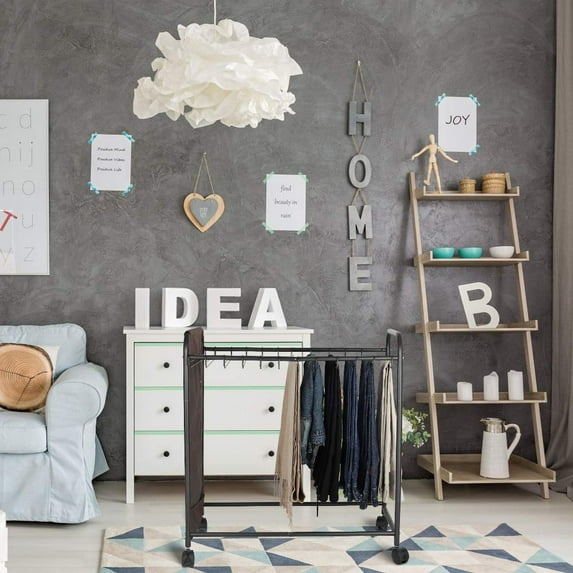 Black Rolling Trouser Rack - Closet Organizer - Comes With 12 Hangers Iron Rack - Set