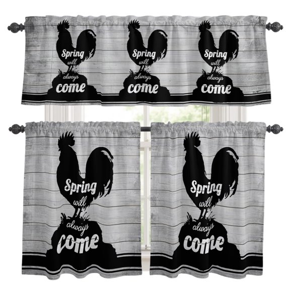 Black Rooster Kitchen Curtains Valances 3 Piece Set, Spring Will Always Come Letters Gray Wood Grain Rod Pocket Tier Curtain and Valance Drapes for Small Window 36 Inch Length for Bedroom Cafe