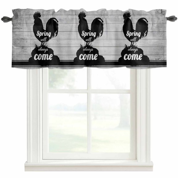 Black Rooster Valances for Windows Spring Will Always Come Letters Gray Wood Grain Rod Pocket Curtain Valance Window Treatment Short Curtains for Kitchen Living Room, 42"x12"