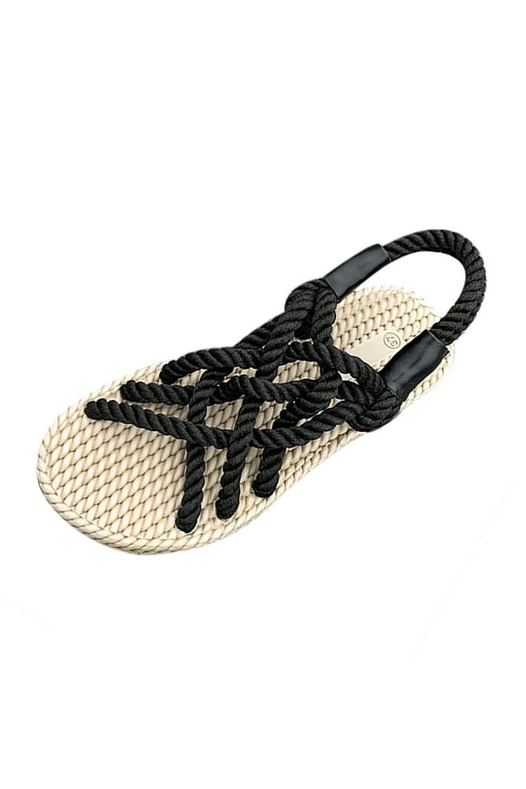 Black Rope Braided Sandals For Women Round Toe Open Toe Flat Sole Comfortable Breathable Design Casual Summer Wear Nylon Spandex Material