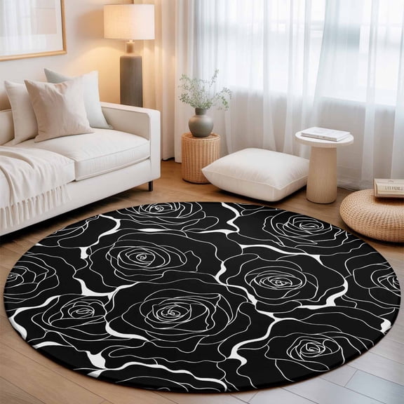 Black Rose 8' Round Rugs for Open Concept Living Room Seating Zone, Floral Blossom White Outlines Midnight Black Backdrop Washable Non Slip Mats Large Circle Lounge Area Area Rug