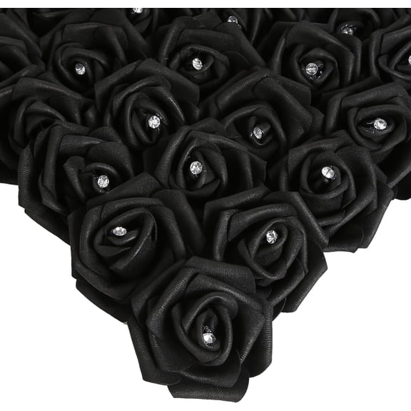 Black Rose Artificial Flower Heads Bulk with Crystal 3in Real Looking Foam Fake Roses Faux Flowers for DIY Craft Wedding Bouquets Arrangements Party Table Home Decorations(Black)