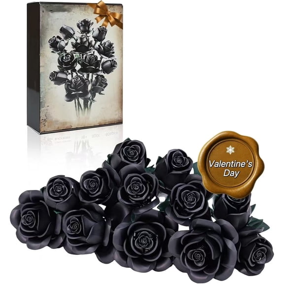 Black Rose Bouquet Building Set, Gothic Artificial Flowers Botanical Collection Kit for Adults for Home Office Table Centerpiece Retro Decor - IA11001