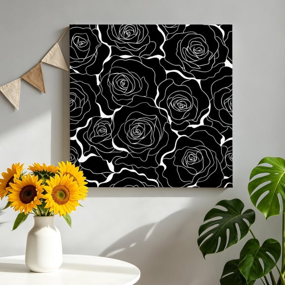 Black Rose Canvas Wall Art, Floral Blossom White Outlines Midnight Black Backdrop Pictures Wall Decor Wooden Framed Artwork Art Prints for Living Room Hallway Bedroom Office 8"x8"