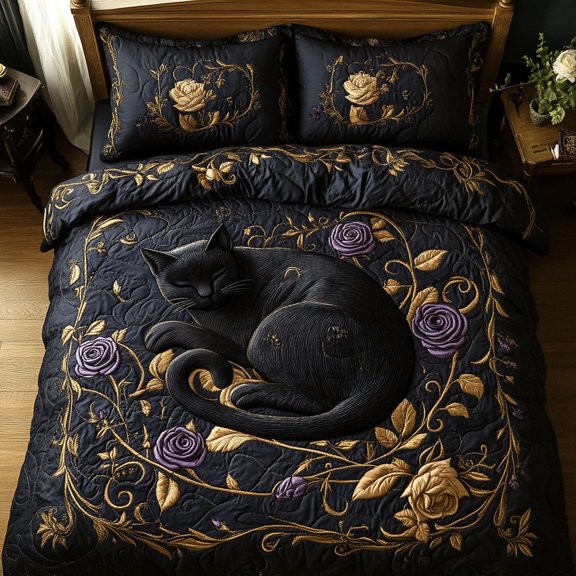 Black Rose Cat 3-Piece Quilted Bedding Set