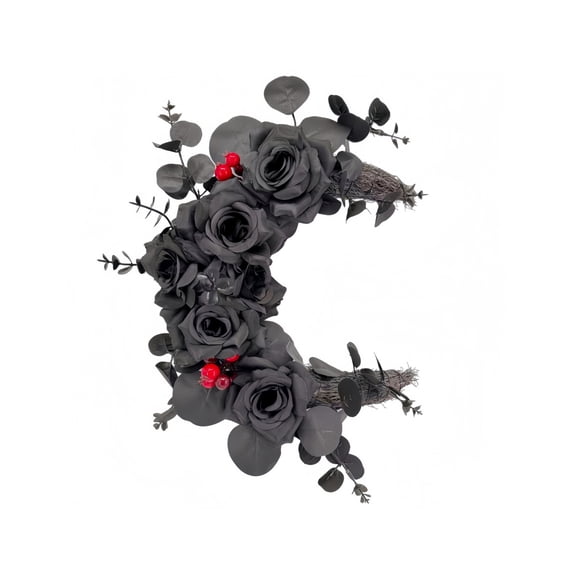Black Rose Crescent Shaped Artificial Plant - Halloween Home Decoration (35x23cm/13.77x9.05in) - Durable Plastic Floral Arrangement