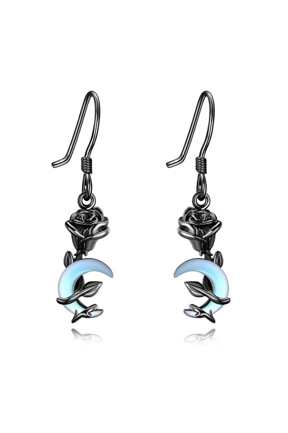 Black Rose Dangle Earrings Sterling Silver Gothic Earrings for Women Moon Moonstone Earrings
