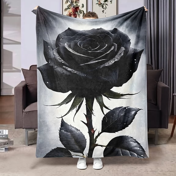 Black Rose Flannel Blanket - Soft 30s Thread Count All-Season Bedspread Throw, Gothic Dark Rose Black Leaf Pattern on White with Golden Accent, Queen King Size Bed Cover, Elegant Gift