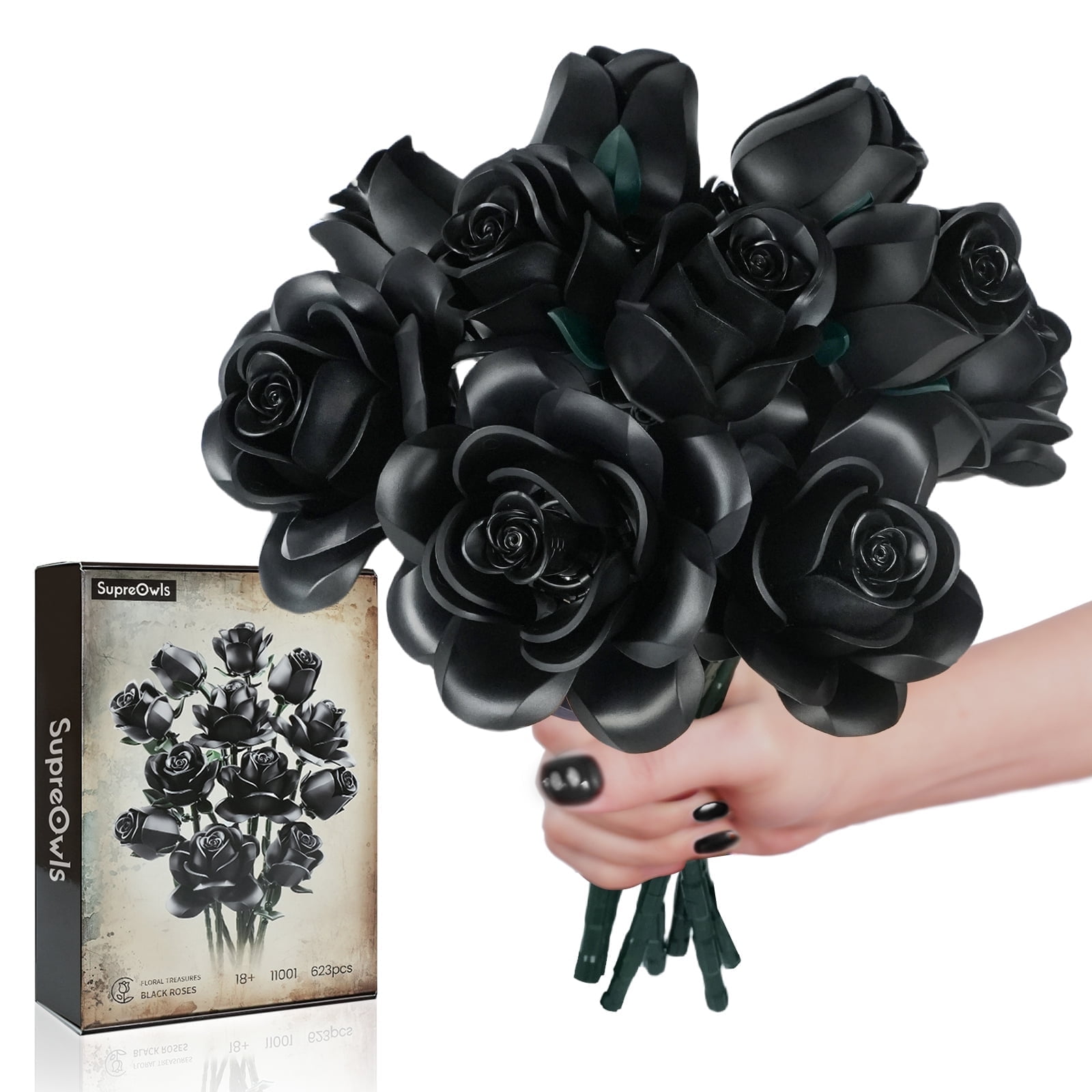 Black Rose Flower Bouquet Building Set Artificial Plant Compatible with Lego,Fake Flowers for Home Gothic Decorations Halloween Gifts for Families (608pcs)