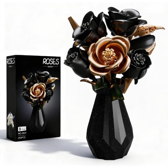 Black Rose Flower Building Blocks with Vase Set for Adults, Flower Bouquet Botanical Collection Bricks 255 PCS