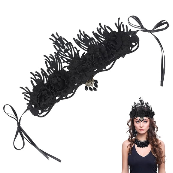 Black Rose Flower Gothic Floral Headpiece Queen Elf Fairy Tiara Lace Up Design Vintage Renaissance Renfaire Headband