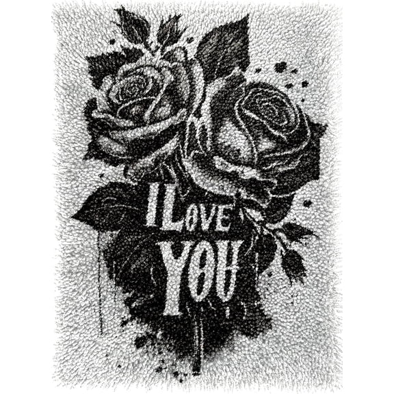 Black Rose Flower with I Love You Latch Hook Rug kits Color Printed Crochet Yarn Needlework DIY Hooking Latch Kit Carpet Rug Cover Mat for Christmas Chair Cushion Floor Decoration 52x38cm