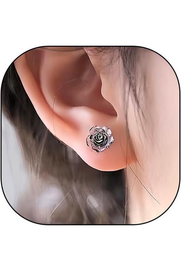 Black Rose Flower Tiny Stud Earring, Cute Dainty Transparent 925 Silver Piercing Earring, Trendy Party Anniversary Wedding Earlobe Accessories Gift