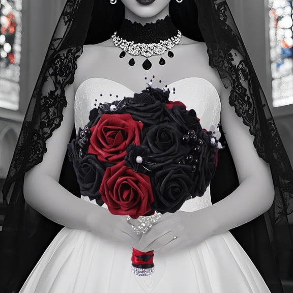Black Rose Flowers, Gothic Bride Bouquet, Wedding Bouquets for Bride and Bridesmaid, Fake Bouquets for Bridal Bridesmaid Wedding Engagement, Halloween costumes (Black and Burgundy)