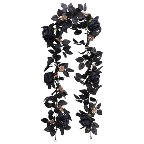 Black Rose Garland 69 Inch Artificial Rose Vine with Berries, Halloween Thanksgiving Fall Decor, Flexible Floral Garland for Home Wedding Party Wall Window Indoor Outdoor Decoration