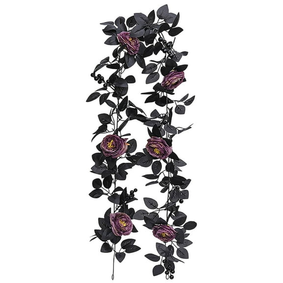 Black Rose Garland 69 Inch Artificial Rose Vine with Berries, Halloween Thanksgiving Fall Decor, Flexible Floral Garland for Home Wedding Party Wall Window Indoor Outdoor Decoration