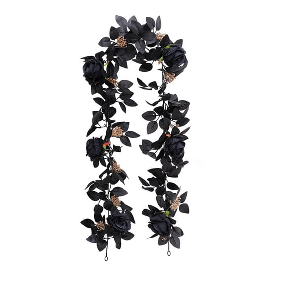 Black Rose Garland with Gold Accents, Artificial Gothic Flower Vine for Halloween Wedding Home Mantel Decor