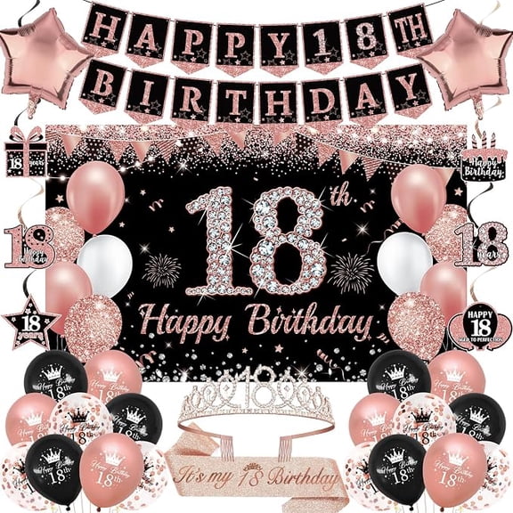 Black Rose Gold 18th Birthday Decorations for Girls, 18 Year Old Kit