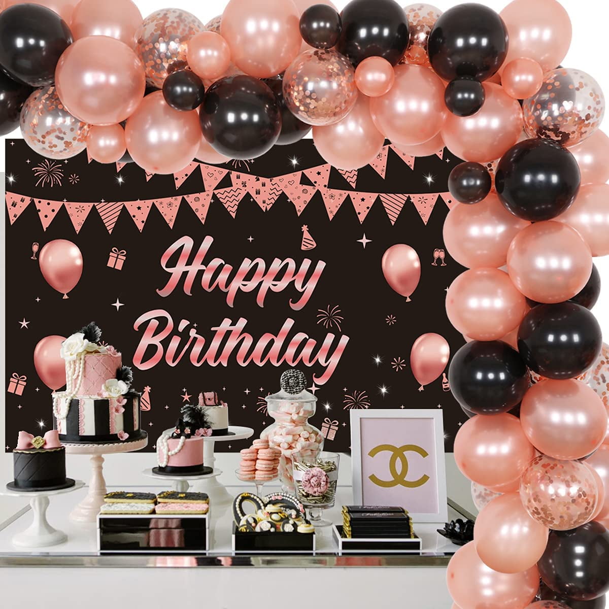 Black and Rose Gold Birthday Decorations - Rose Gold Black Balloon Garland Kit Happy Birthday Backdrop for Women Girls Sweet 16th/18th/30th/40th/50th Birthday Party Supplies