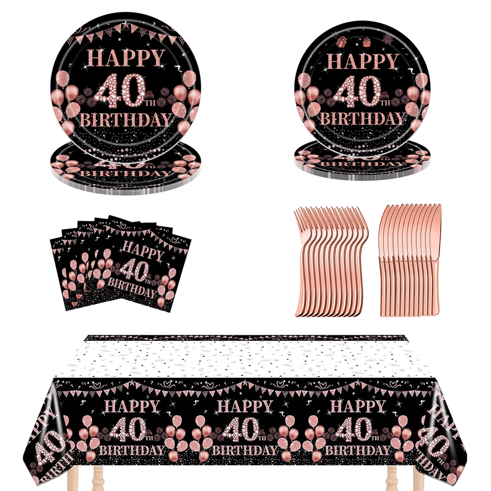 Black Rose Gold Party Supplies,40th Birthday Theme Disposable Party Tableware Sets - Paper Plates,Napkins,Plastic Forks Knives,Tablecloths,40th Birthday Decorations for Men,24 Guests