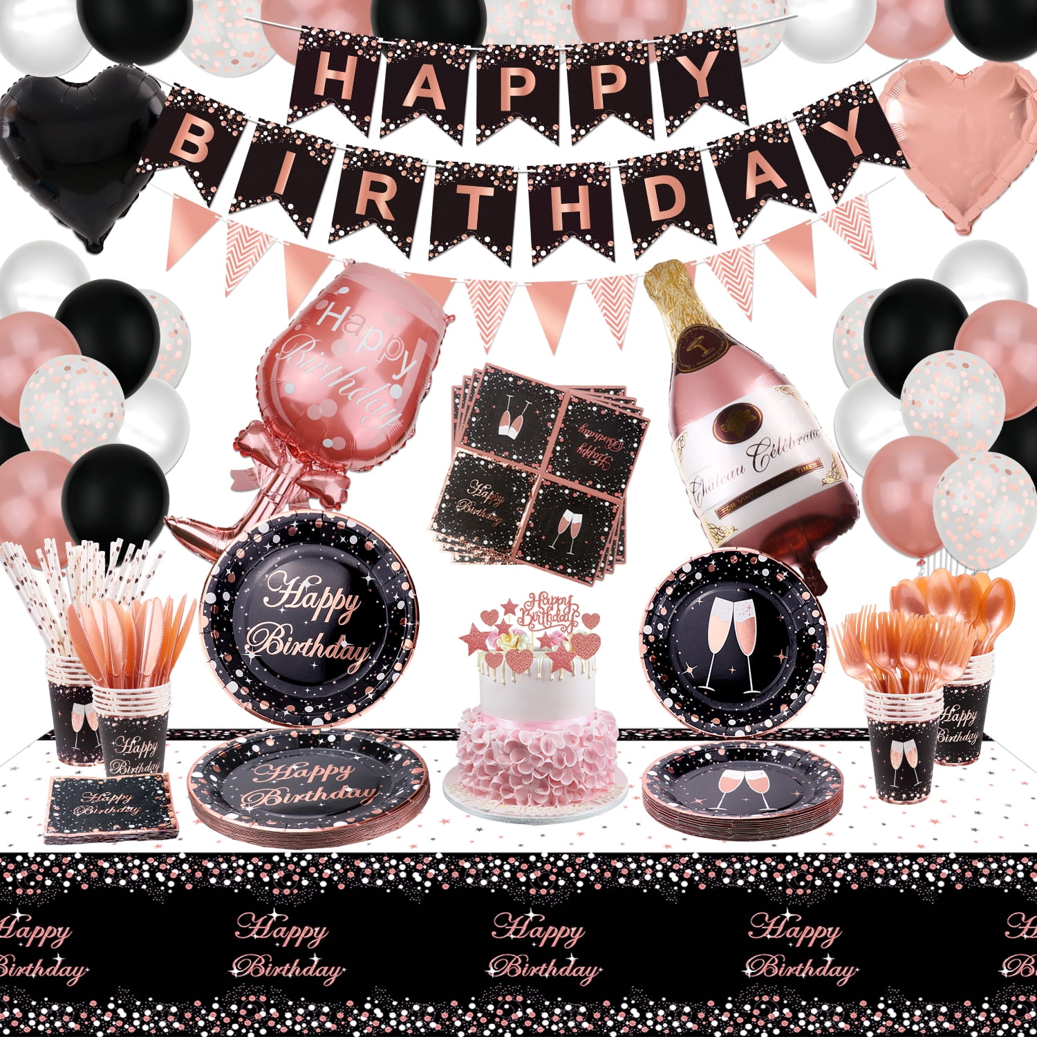 Black and Rose Gold Party Supplies - Rose Gold Party Balloon, Happy  Birthday Banner, Cake Topper, Paper Plates, Napkins, Cups and Tablecloth  for Girl Women Party Decorations, Serves 20 Guest 