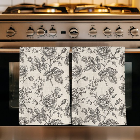 Black Rose Kitchen Towels Set of 4, Farmhouse Vintage Botanical Floral Burlap Absorbent Dish Towels for Kitchen, Microfiber Hand Towel, Quick Drying Tea Towel for Cleaning Decorative Dishcloths