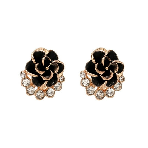 Black Rose Rhinestone Earrings - Cool Style Personality Jewelry for Women, Electroplated Alloy, Suitable for All Occasions