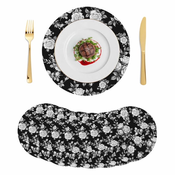 Black Rose Round 15 Inch Placemats Set of 8, Vintage Pastoral Botanical Floral Leaves Vines HeatResistant Non Slip Place Mats for Dining Table, Wipeable Braided Kitchen Table Mats for Housewarming