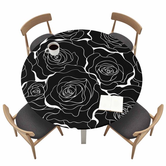 Black Rose Round Fitted Table Cover Floral Blossom White Outlines Midnight Black Backdrop Waterproof Table Cloth with Elastic Edge Wipeable Tablecloth for Picnic Camping Party Fits 36"-44" Tables