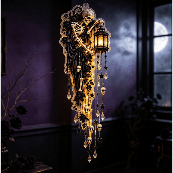 Black Rose Skeleton Suncatcher Hanging Wall Decor Vintage Glowing Lantern with Long Cascading Crystal Tassels Halloween Ornament for Window and Wall Display (Skeleton Lantern)