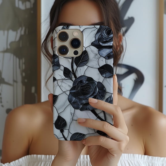 Black Rose Stained Glass Phone Case Fits iPhone Samsung Pixel Slim Hard Cover Gothic Floral Mosaic Design