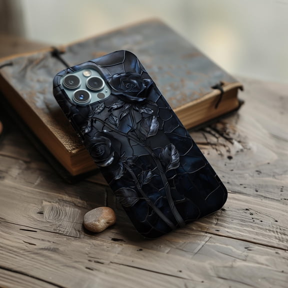 Black Rose Stained Glass Style Phone Case For iPhone Samsung Pixel Durable Hard Shell Gothic Wildflower Art