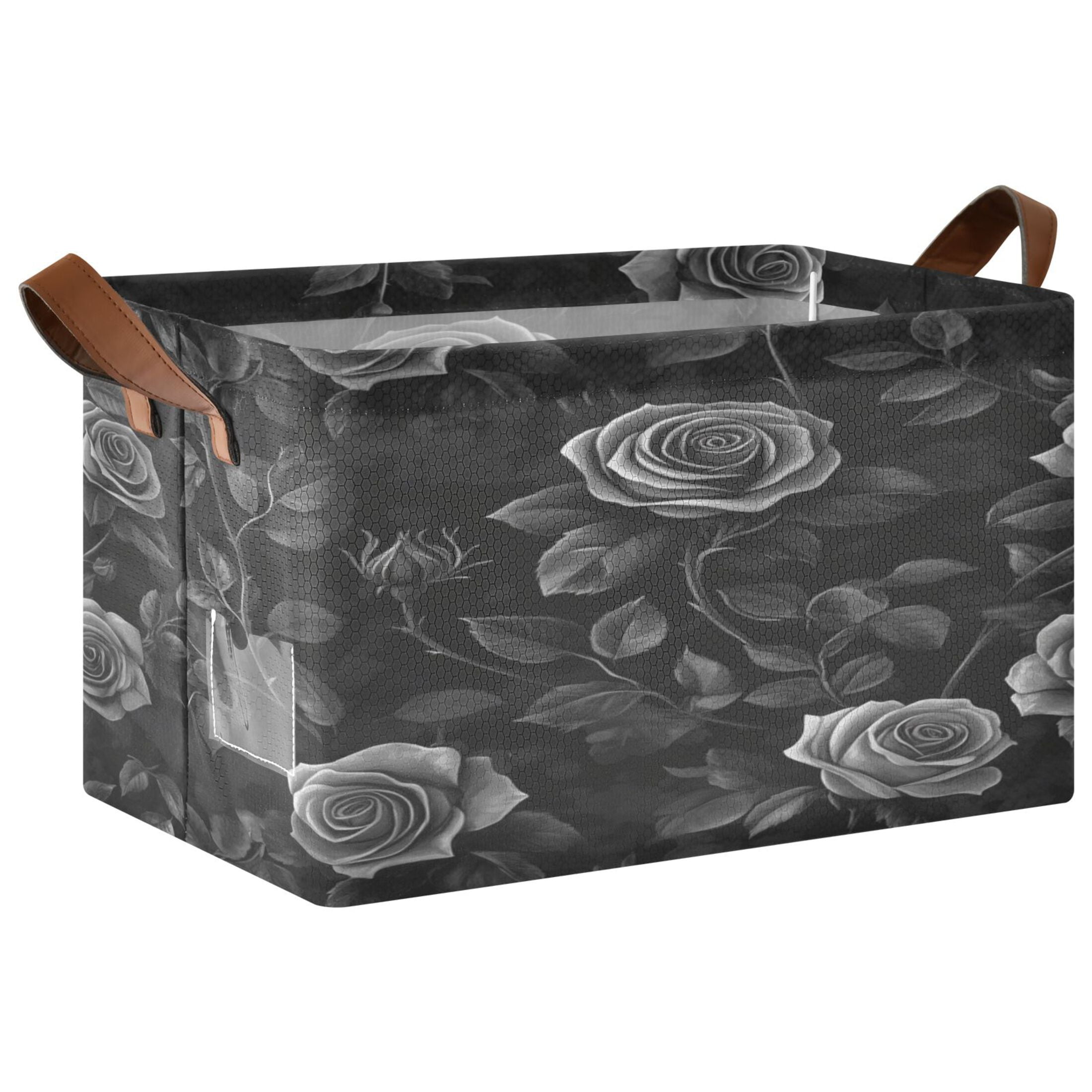 Black Rose Storage Basket Soccer Plaid Fabric Hoard Box Oversized Collapsible Closet Organizer with Metal Iron Frame 16.9×11.4×10in