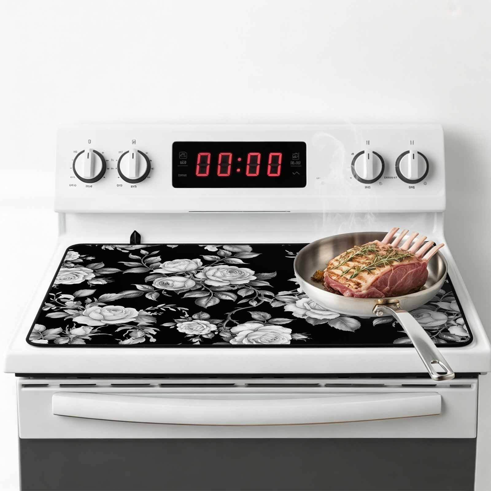 Black Rose Stove Top Cover for Electric Stove, Heat-proof & Non Slip Glass Top Stove Cover Protector, Vintage Pastoral Botanical Floral Leaves Vines Kitchen Flat Cooktop Rubber Mat 31x24 Inches