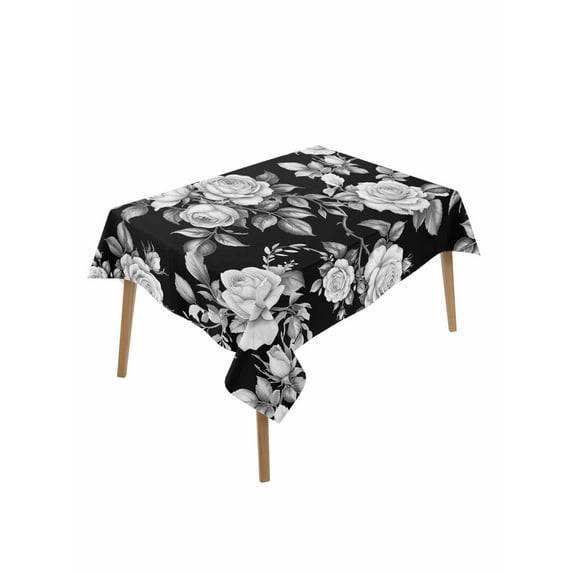Black Rose Table Cloth, Vintage Pastoral Botanical Floral Leaves Vines Waterproof Tablecloth for Rectangle Tables, Reusable Washable Fabric Table Cover for Restaurant Kitchen Dining Tables 52"x70"