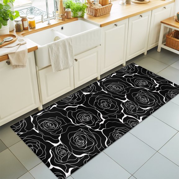 Black Rose Washable Runner Rugs 2'x6', Floral Blossom White Outlines Midnight Black Backdrop Washable Runner Rug Non-Slip Sturdy Edge Binding Carpet for Bedside Hallway Runner Kitchen Galley
