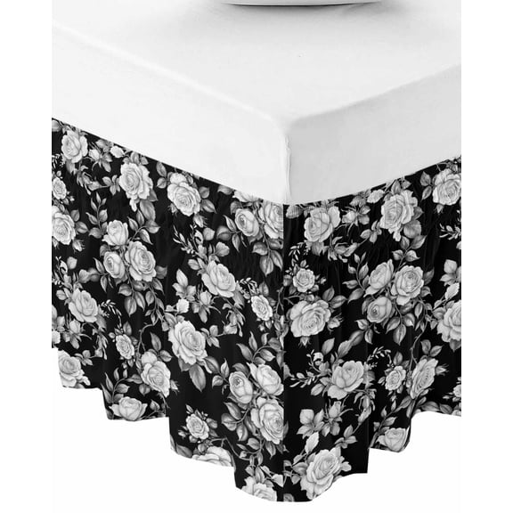 Black Rose Wrap Around Bed Skirts for Queen Bed 16" Drop,Bed Skirt with Adjustable Elastic Belt Bedroom Dust Ruffle Bed Valance Hotel Vintage Pastoral Botanical Floral Leaves Vines Bed Frame Cover