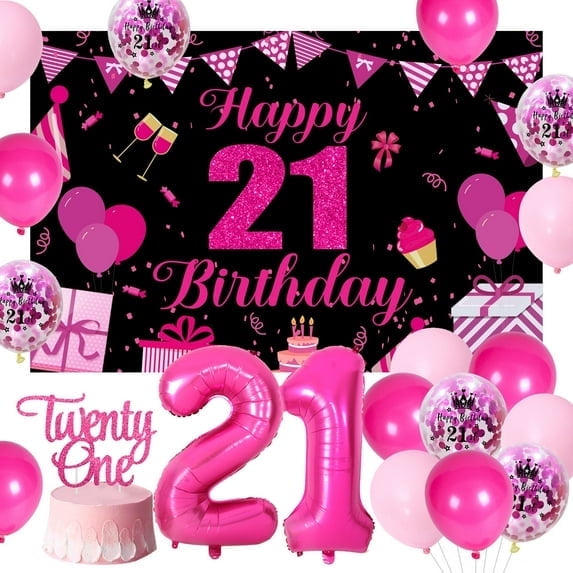 Black and Roseo 21st Birthday Decorations for Women , Red Black Happy 21st Birthday Backdrop Cake Topper and Pink Balloons for 21 Years Old Birthday Anniversary Party Supplies.