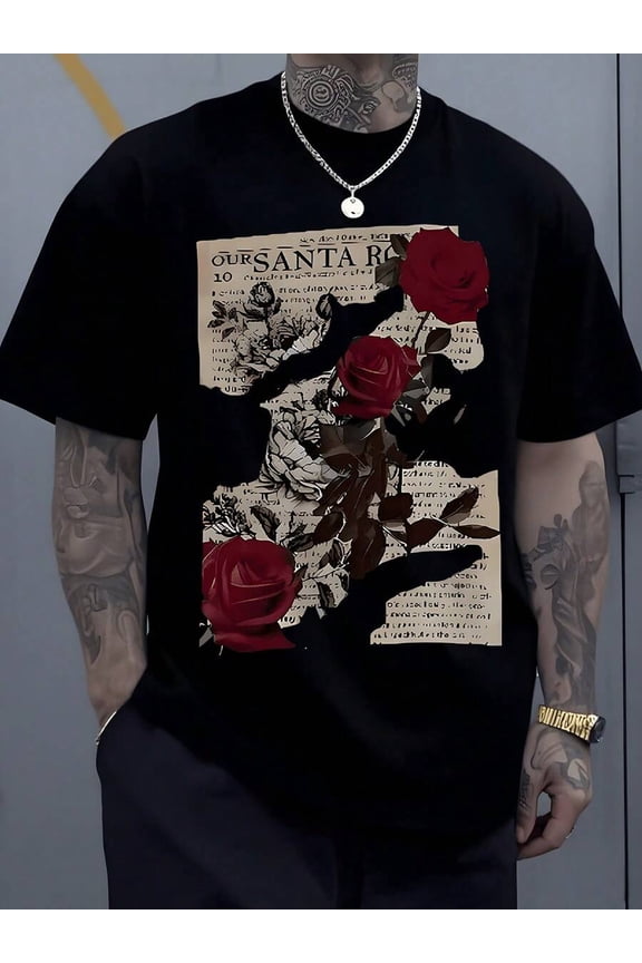 Black Roses And Distressed Newspaper Print Plus Size Graphic T-Shirt Casual 100% Cotton Mens Tee