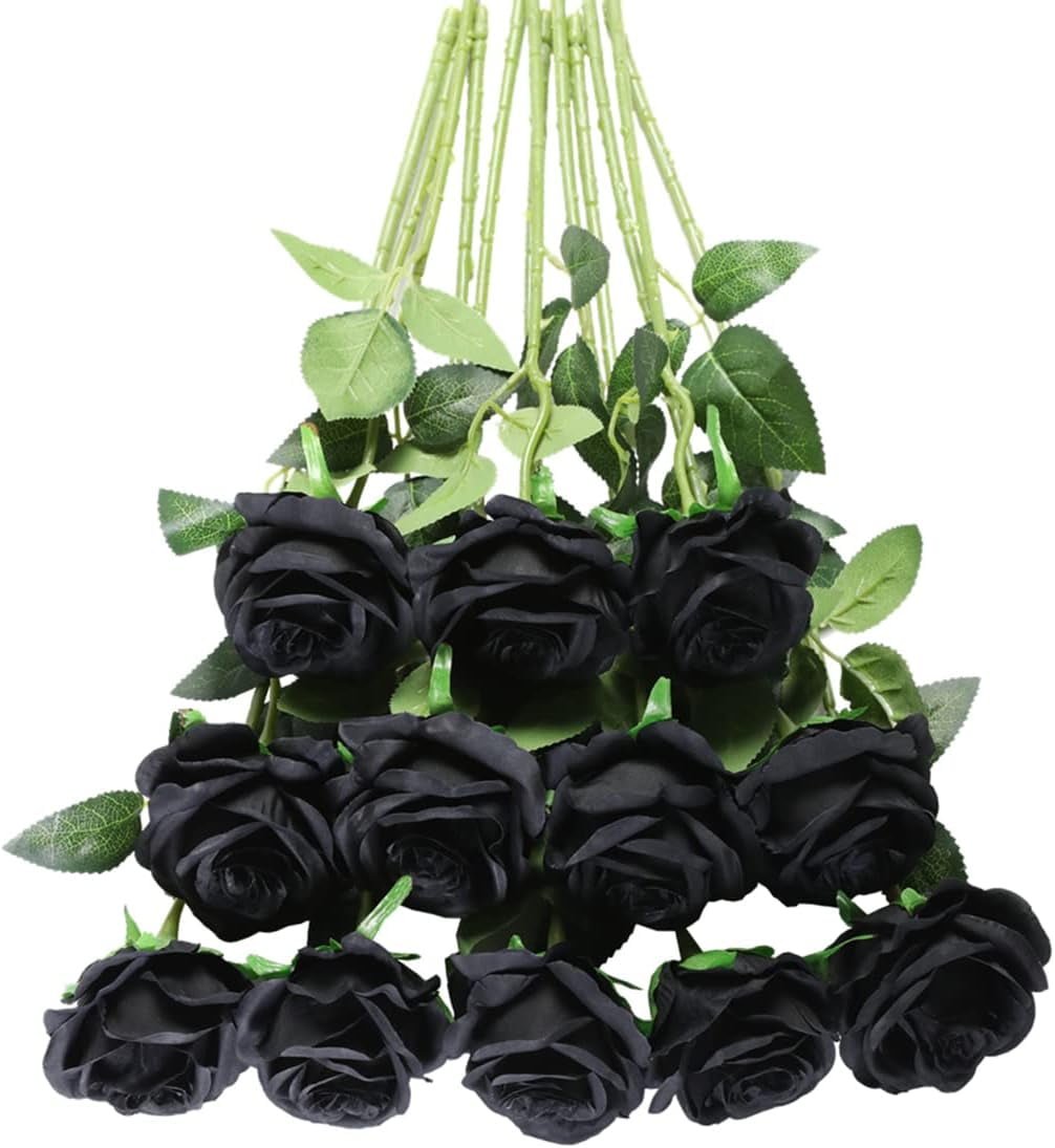 Black Roses Artificial Flowers -12 pcs Realistic Single Long Stem Fake ...