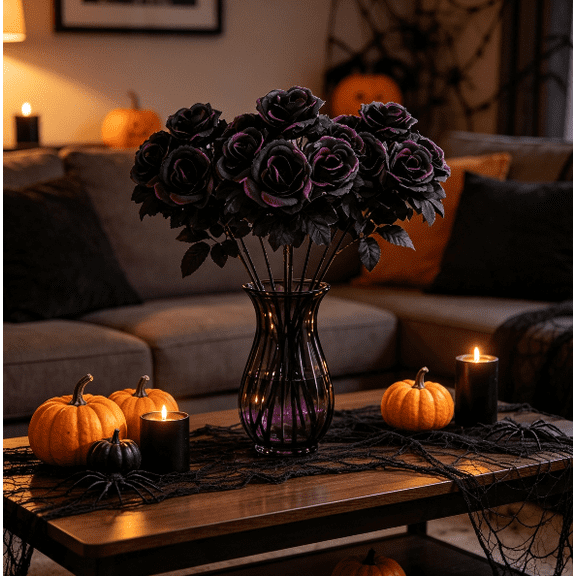 Black Roses Artificial Flowers, 3 Bouquet Gothic Romance Fake Flower for Halloween Decoration Home Decor