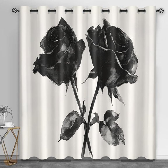 Black Roses Blackout Curtains For Living Room, Pastoral Plants Bedroom Curtains, European Floral Window Treatments, Room Darkening Grommet Drapes 52"W x 90"L (Pack of 2)